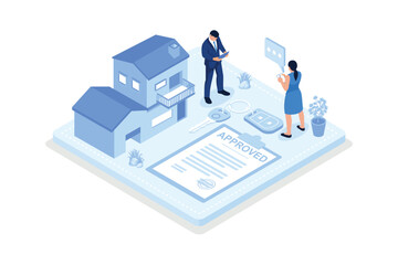 Mortgage process, People buying property with mortgage, isometric vector modern illustration