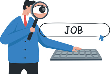 Search for a job or do research in marketing. Find new solutions. Brand researching information. Businessman looking for a job with a magnifying glass.