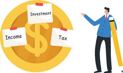 Financial plan. Income based expense planning. asset management or estimate income. Income after tax. Businessman is splitting his expenses from giant gold coins.