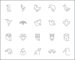 Simple Set of bird Related Vector Line Icons.
Vector collection of owl, sparrow, penguin goose and dove symbols or logo elements in thin outline.