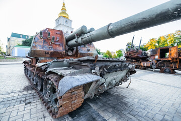 Destroyed Russian military equipment on display in the center of Kyiv on Mikhailovskaya Square. War...