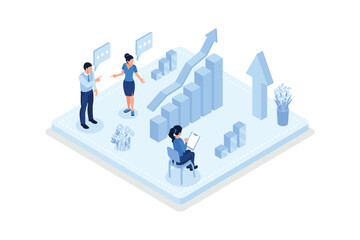 Finance growth, Characters analyzing investments, isometric vector modern illustration