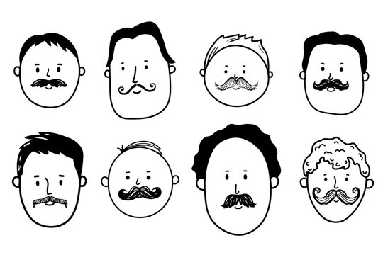 Hand drawn set of doodle sketches of different men with different types and shapes of mustaches. Handsome men with mustaches