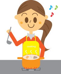 冬の夜ご飯に温かいクリームシチューを作っている母親・主婦・女性・キッチン・エプロン・料理