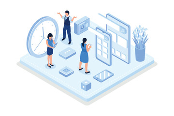 Schedule planning, Characters making schedule using calendar, isometric vector modern illustration
