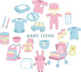 ベビーグッズの手描きイラスト素材セット　円①