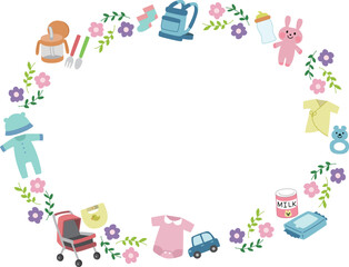 ベビーグッズ素材の円フレーム　手描きイラスト