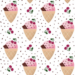 Vector seamless pattern with scoop of ice cream with chocolate and cherry. Sweet dessert wallpaper.