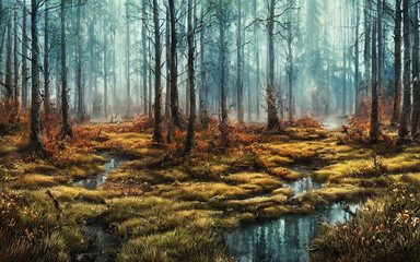 Marshy Eastern European woodland, autumn, fall