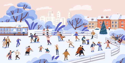 People skating at winter ice rink. Crowd of happy skaters during city outdoor activity on vacation. Active men, women, kids fun in cold weather in December, urban landscape. Flat vector illustration