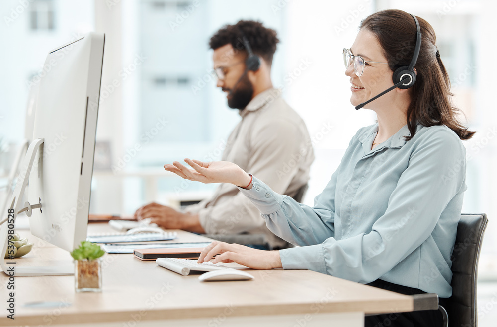 Poster woman, call center and smile at computer for customer support, crm or help in phone call. consultant