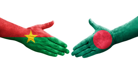 Handshake between Bangladesh and Burkina Faso flags painted on hands, isolated transparent image.