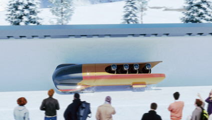 Bob running on ice track competition. Bobsleigh sport. Render 3D. Illustration.