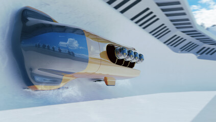 Bob running on ice track competition. Bobsleigh sport. Render 3D. Illustration. - obrazy, fototapety, plakaty
