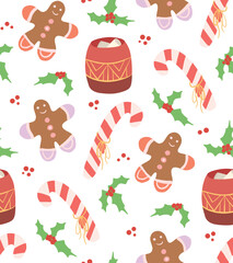 New year wallpaper with cartoon cocoa, candy and gingerbread man, holly on white background. Vector seamless Christmas pattern.