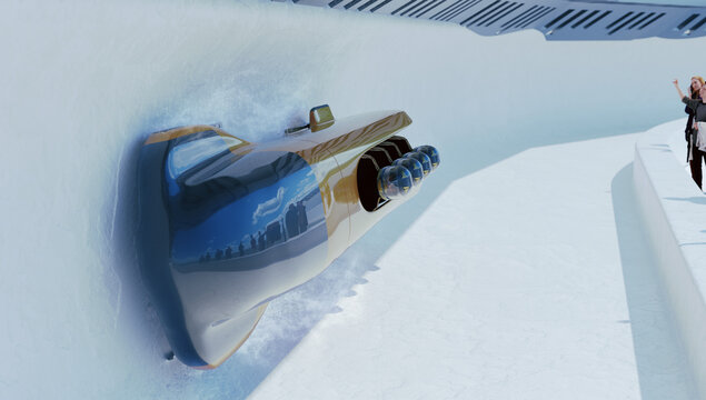 Bob running on ice track competition. Bobsleigh sport. Render 3D. Illustration.