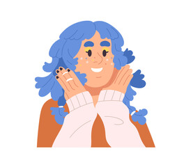 Modern young girl with trendy colored hair, bright eyeshadows, glitter, makeup. Happy excited teenager portrait with joy emotion, face expression. Flat vector illustration isolated on white background