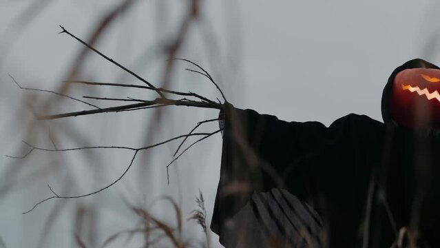 Creepy scarecrow with pumpkin head in black cloak with hood on a field against the background of a gloomy sky
