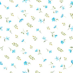 Watercolor gentle seamless pattern with abstract different blue flowers, leaves. Hand drawn floral illustration isolated on white  background. For packaging, wallpaper, wrapping  design or print
