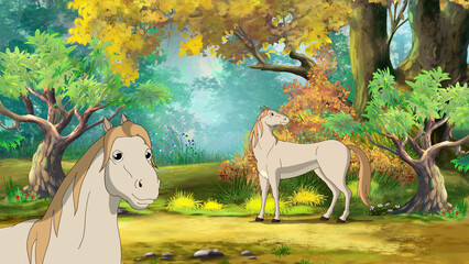 White horse in the forest illustration