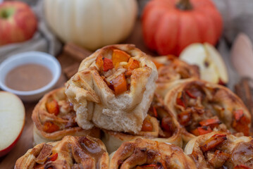 Pumpkin apples cinnamon rolls and organic pumpkins and apples