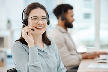 Sales woman, call center and portrait of customer service, consulting and advice for contact us,...