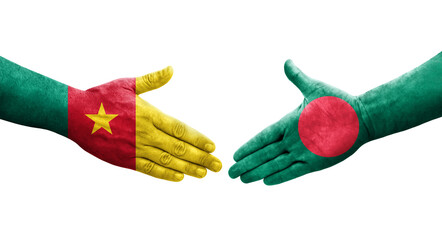 Handshake between Bangladesh and Cameroon flags painted on hands, isolated transparent image.