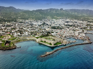 cyprus magusa port anda castle of magusa, aerial shot with drone