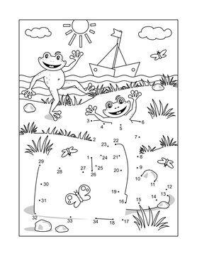Rubber boots and playful frogs on a shore dot-to-dot picture puzzle and coloring page, poster, sign or banner black and white activity sheet 
