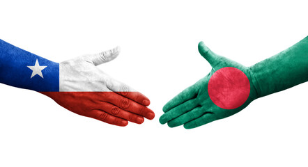 Handshake between Bangladesh and Chile flags painted on hands, isolated transparent image.