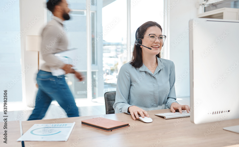 Poster woman with headset, customer support service and working at online call center or remote telemarketi