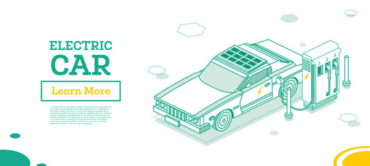 Obraz premium Electric Vehicle on Charging Station. Isometric Outline Concept.