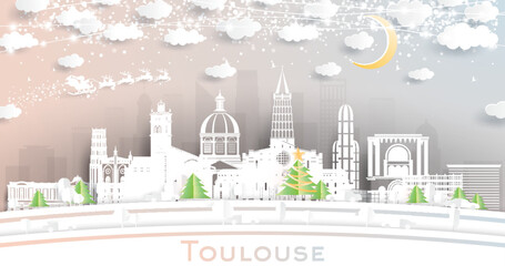 Toulouse France City Skyline in Paper Cut Style with Snowflakes, Moon and Neon Garland.
