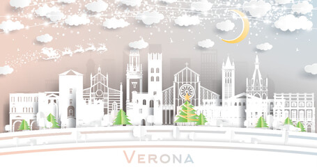 Verona Italy City Skyline in Paper Cut Style with Snowflakes, Moon and Neon Garland.