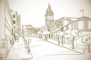Old city street in hand drawn line sketch style. Urban romantic landscape. San Francisco, California, USA. Sepia illustration on white background