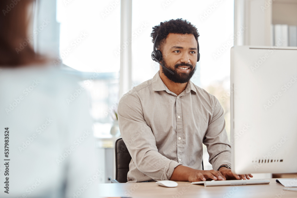 Poster call center, customer service and telemarketing with a man consultant working on a computer in the o