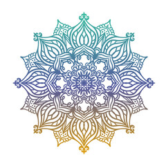 Round gradient mandala on white isolated background. Vector boho mandala in green and pink colors. Mandala with floral patterns.