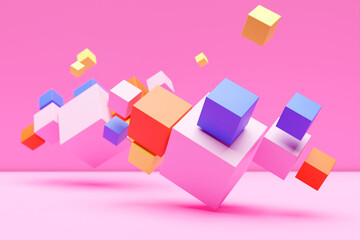 Fototapeta na wymiar 3D illustration volumetric colorful cubes on a geometric monophonic background. Parallelogram pattern. Technology geometry background