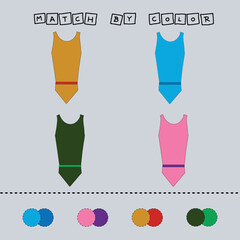 worksheet vector design, challenge to connect the  swimsuit  with its color. Logic game for children.