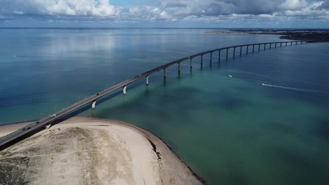 view from above of the big bridge from the island of R&eacute; to la rochelle in france, breathtaking
