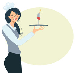 Image of a cute waitress holding a dish of alcohol. The cartoon character serves a glass of wine on a tray. Cafe or restaurant staff, service staff, flat vector illustration.