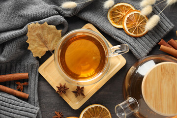 Concept of Hygge, warm and cozy composition, top view