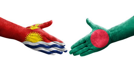 Handshake between Bangladesh and Kiribati flags painted on hands, isolated transparent image.