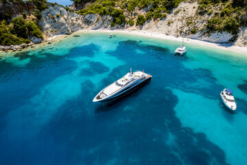 Aerial photo of the paradise beach of Gidaki in Ithaca, the beautiful  Ionian island of Greece.