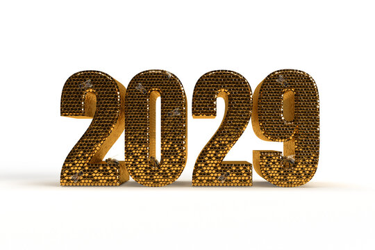 New Year's Eve hive with bee on honey comb  Shiny hexagonal gold number 2029 on a black background with bee.  