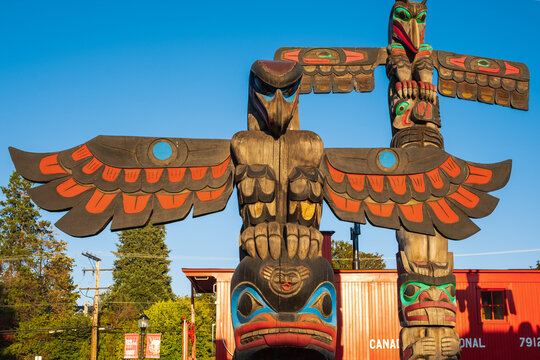 Totem pole in Duncan's tourism slogan is The City of Totems. Canadian Aboriginal Totem Poles in the Town of Duncan