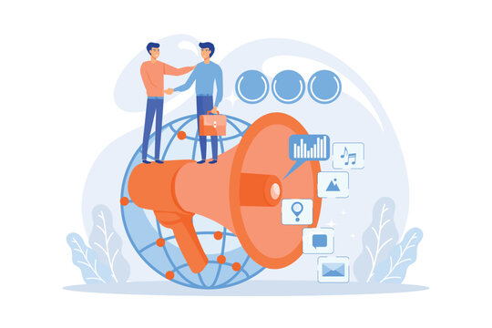 Marketing specialist with loudspeaker influence businessmen and globe. Macromarketing, social influence, global marketing strategy concept, flat vector modern illustration