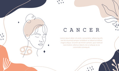 Cancer zodiac sign. One line drawing. Astrological icon with abstract woman face. Mystery and esoteric outline background. Astrology horizontal banner. Linear vector illustration in minimalist style.