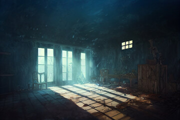 spooky, creepy interior. haunted house, halloween background, digital illustration, concept art