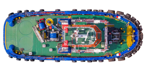 Tug at sea. View from above. Aerial photography